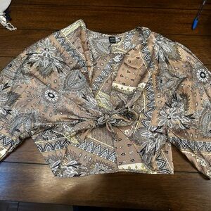 Tie Front Tops Crop Puff Sleeve Deep V Neck Crop Blouse Top